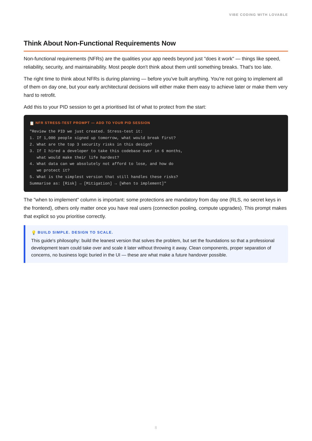Real page from the guide: Think About Non-Functional Requirements Now, including the NFR stress-test prompt.