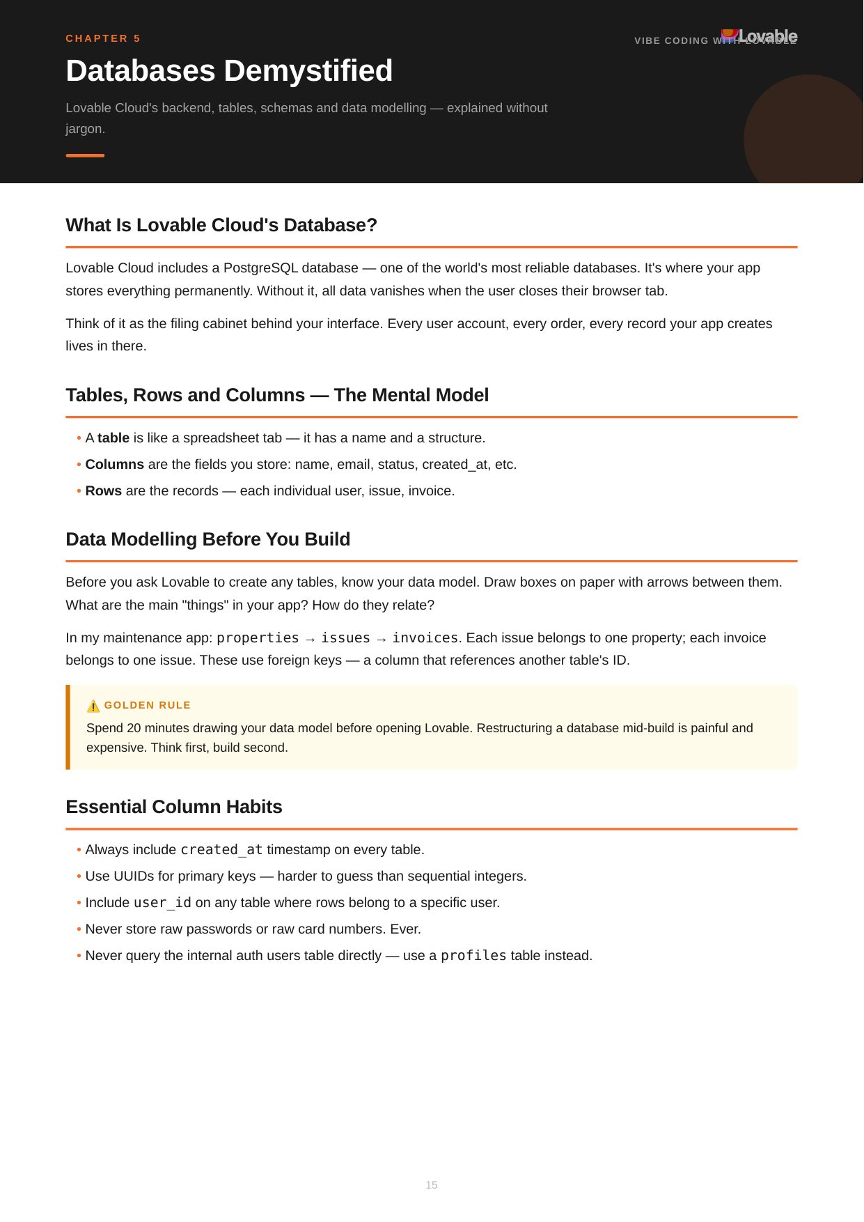 Real page from the guide: Chapter 5 — Databases Demystified, with tables, rows and columns explained.