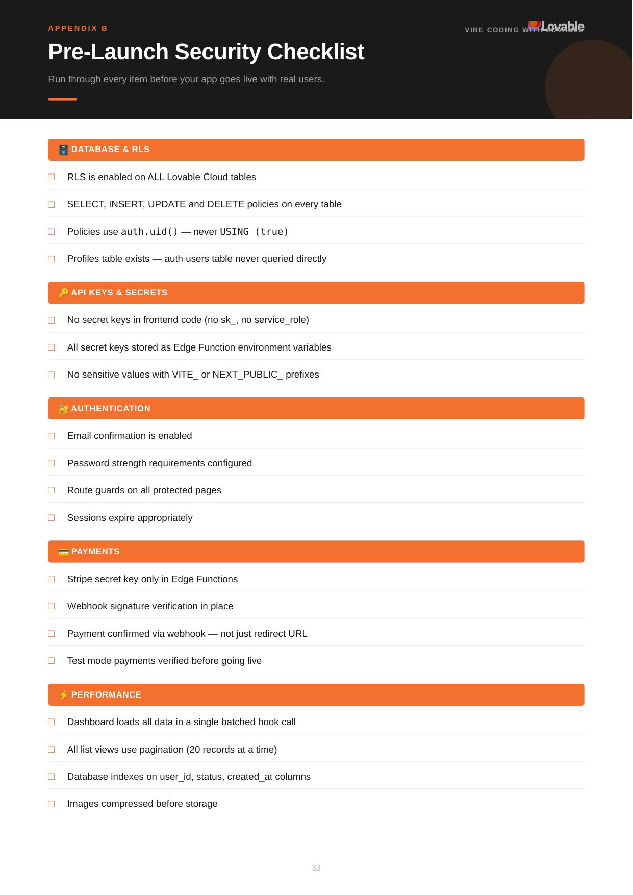 Real page from the guide: Appendix B — Pre-Launch Security Checklist covering RLS, secrets, auth and payments.